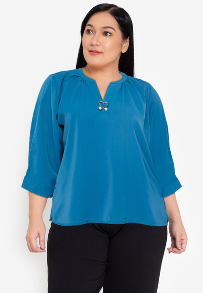 Divina Plus Size V-Neck Detachable Brooch Pin Blouse Top