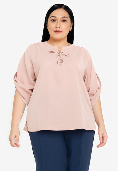 Divina Plus Size 3/4 Long Sleeve Tie Down Neck Detail