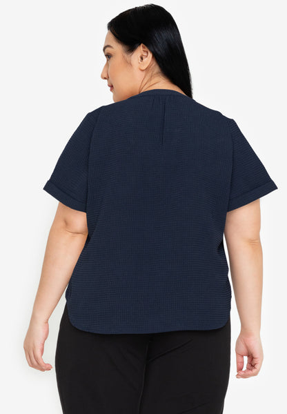 Divina Plus Size Waffle V-neck Puff Sleeve Blouse Top