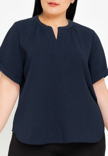 Divina Plus Size Waffle V-neck Puff Sleeve Blouse Top