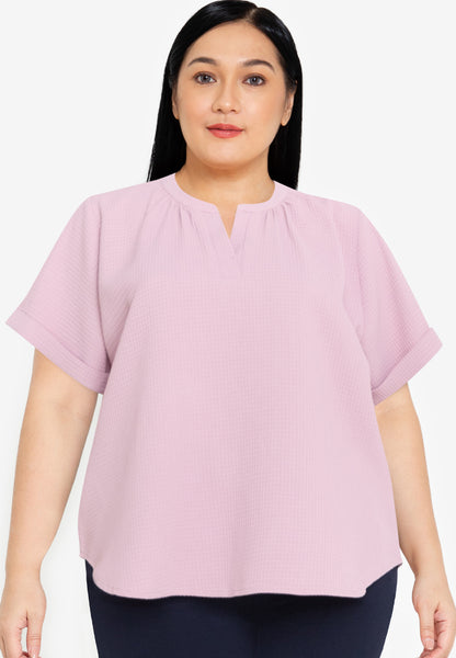 Divina Plus Size Waffle V-neck Puff Sleeve Blouse Top