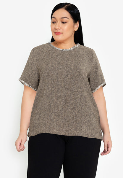 Divina Plus Size Tweed Blouse Top with Trimmings