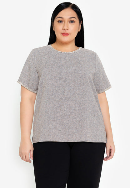 Divina Plus Size Tweed Blouse Top with Trimmings