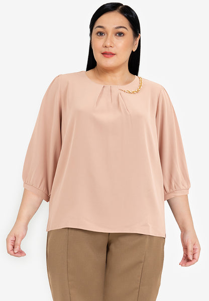 Divina Plus Size Pleated 3/4 Blouse Top with Necklace