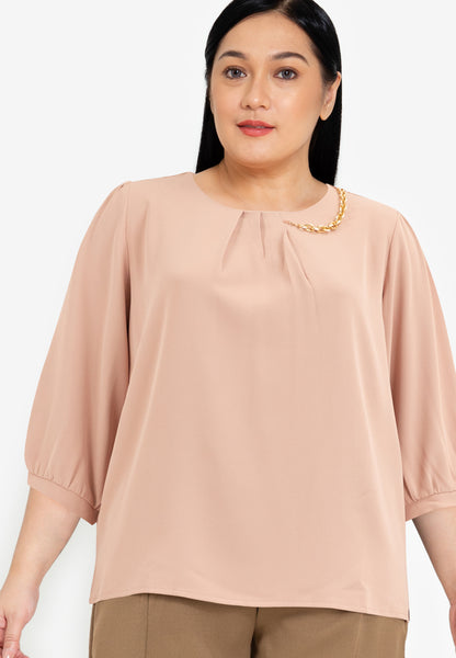 Divina Plus Size Pleated 3/4 Blouse Top with Necklace