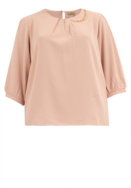 Divina Plus Size Pleated 3/4 Blouse Top with Necklace