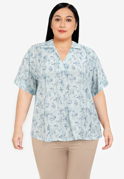 Divina Plus Size Collared Printed Blouse Top