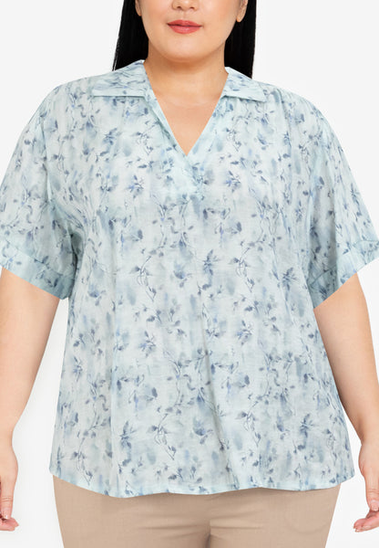 Divina Plus Size Collared Printed Blouse Top