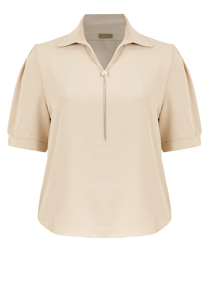 Divina Plus Size Collar Blouse with FREE Detachable Crystal Necklace and Pearl Detail