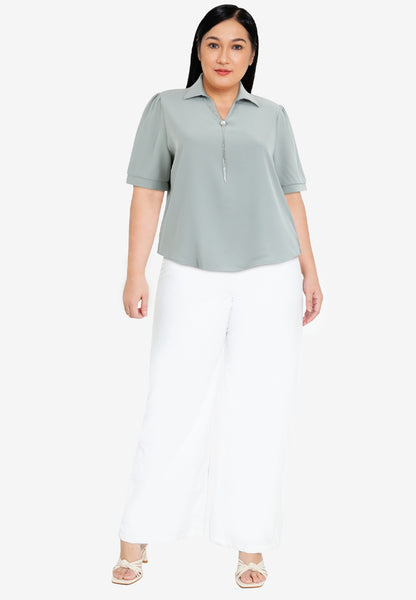 Divina Plus Size Collar Blouse with FREE Detachable Crystal Necklace and Pearl Detail