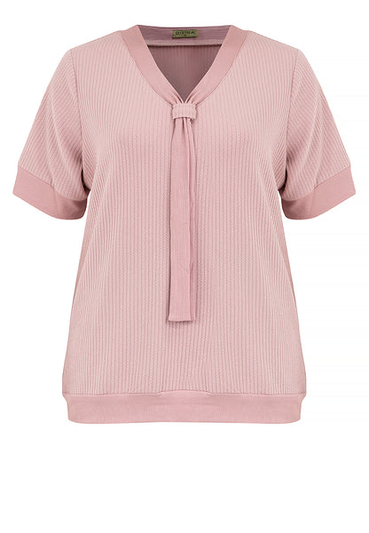 Divina Plus Size Textured Fabric V-neck Decorative Tie Detail Blouse Top