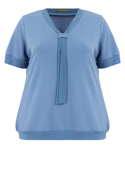 Divina Plus Size Textured Fabric V-neck Decorative Tie Detail Blouse Top