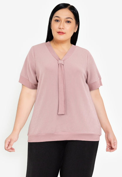 Divina Plus Size Textured Fabric V-neck Decorative Tie Detail Blouse Top