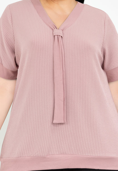 Divina Plus Size Textured Fabric V-neck Decorative Tie Detail Blouse Top