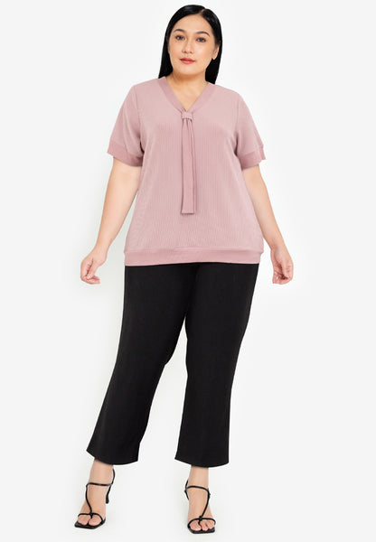 Divina Plus Size Textured Fabric V-neck Decorative Tie Detail Blouse Top