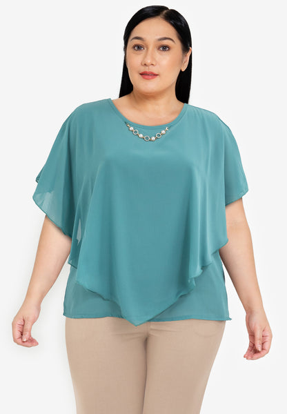 Divina Plus Size Flowy Overlay Blouse With Necklace Korean Top