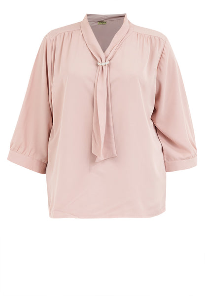 Divina Plus Size Quarter Sleeve V-neck Slip-in Tie with Decorative Pearl Blouse Top