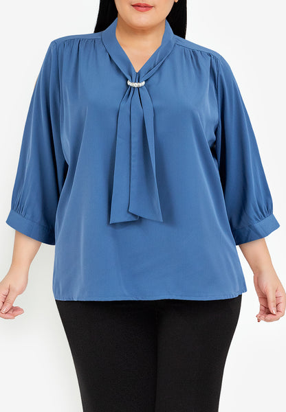 Divina Plus Size Quarter Sleeve V-neck Slip-in Tie with Decorative Pearl Blouse Top