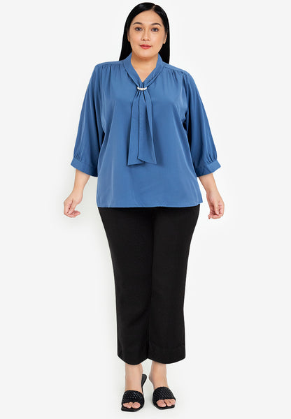 Divina Plus Size Quarter Sleeve V-neck Slip-in Tie with Decorative Pearl Blouse Top