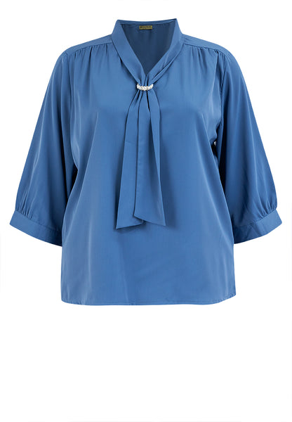 Divina Plus Size Quarter Sleeve V-neck Slip-in Tie with Decorative Pearl Blouse Top