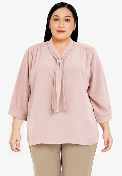 Divina Plus Size Quarter Sleeve V-neck Slip-in Tie with Decorative Pearl Blouse Top