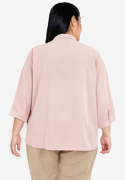 Divina Plus Size Quarter Sleeve V-neck Slip-in Tie with Decorative Pearl Blouse Top