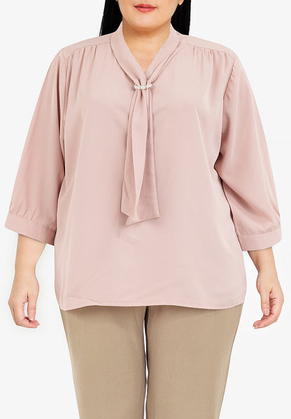 Divina Plus Size Quarter Sleeve V-neck Slip-in Tie with Decorative Pearl Blouse Top