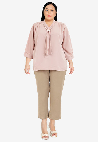 Divina Plus Size Quarter Sleeve V-neck Slip-in Tie with Decorative Pearl Blouse Top