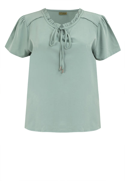 Divina Plus Size Tie Decorative Ruffled Round Neck Bell Sleeve Blouse Top