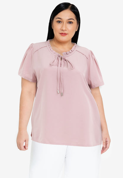 Divina Plus Size Tie Decorative Ruffled Round Neck Bell Sleeve Blouse Top