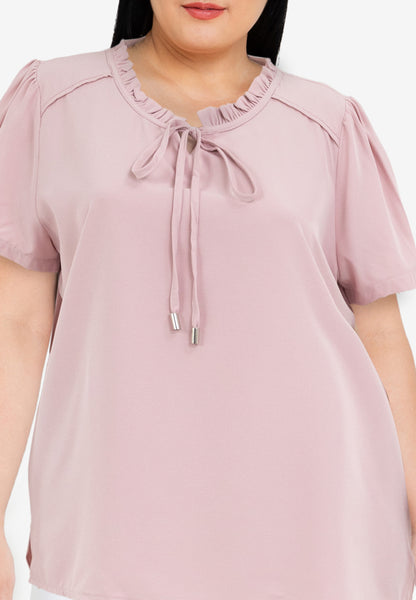 Divina Plus Size Tie Decorative Ruffled Round Neck Bell Sleeve Blouse Top