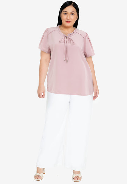 Divina Plus Size Tie Decorative Ruffled Round Neck Bell Sleeve Blouse Top