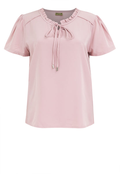 Divina Plus Size Tie Decorative Ruffled Round Neck Bell Sleeve Blouse Top
