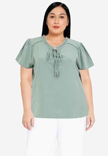 Divina Plus Size Tie Decorative Ruffled Round Neck Bell Sleeve Blouse Top