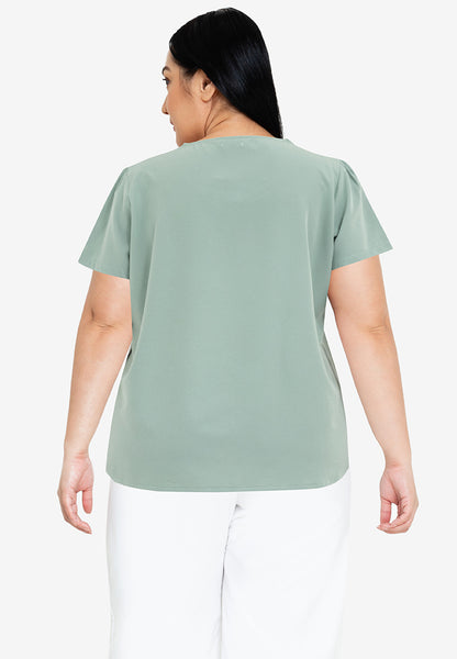 Divina Plus Size Tie Decorative Ruffled Round Neck Bell Sleeve Blouse Top