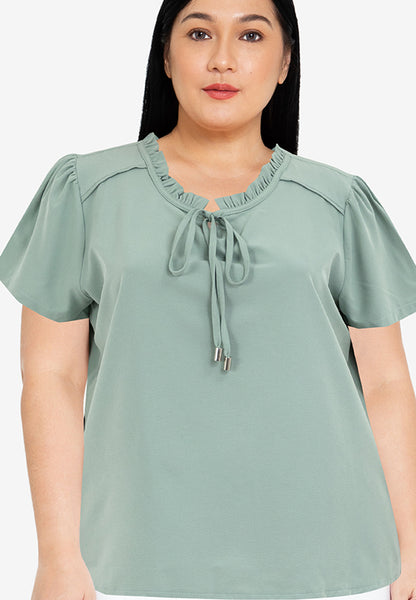 Divina Plus Size Tie Decorative Ruffled Round Neck Bell Sleeve Blouse Top