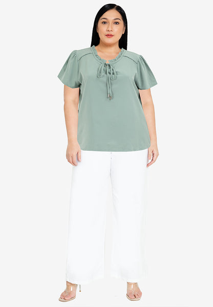 Divina Plus Size Tie Decorative Ruffled Round Neck Bell Sleeve Blouse Top