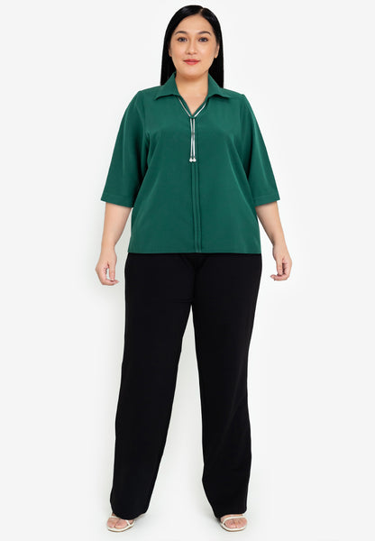 Divina Plus Size Collared Metalic Tie Quarter Sleeve Blouse Top