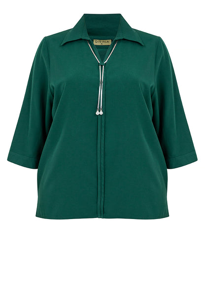 Divina Plus Size Collared Metalic Tie Quarter Sleeve Blouse Top