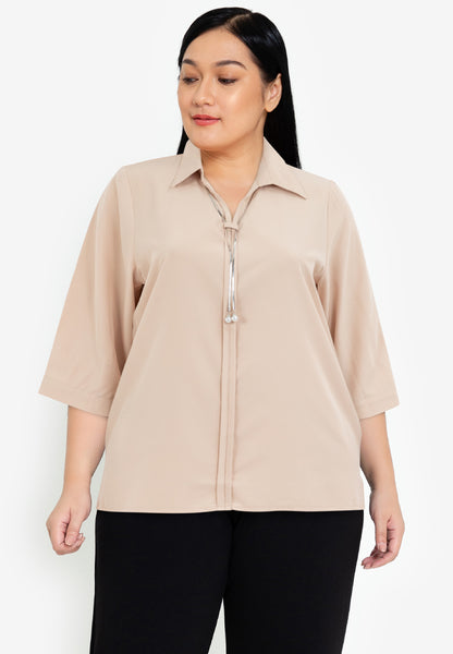 Divina Plus Size Collared Metalic Tie Quarter Sleeve Blouse Top