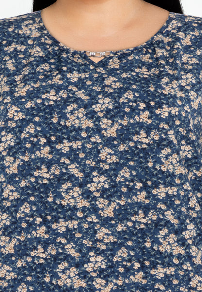 Divina Plus Size Printed V Neck Detailed Puff Sleeve Blouse Top