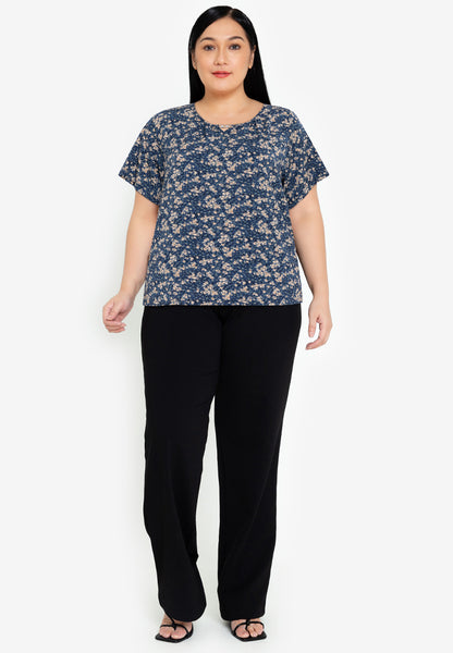 Divina Plus Size Printed V Neck Detailed Puff Sleeve Blouse Top