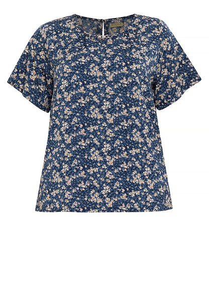 Divina Plus Size Printed V Neck Detailed Puff Sleeve Blouse Top