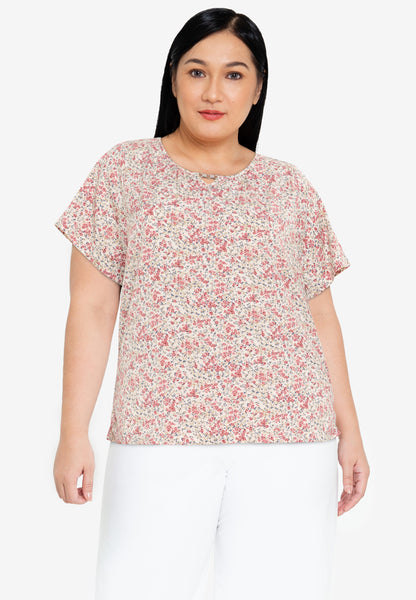 Divina Plus Size Printed V Neck Detailed Puff Sleeve Blouse Top