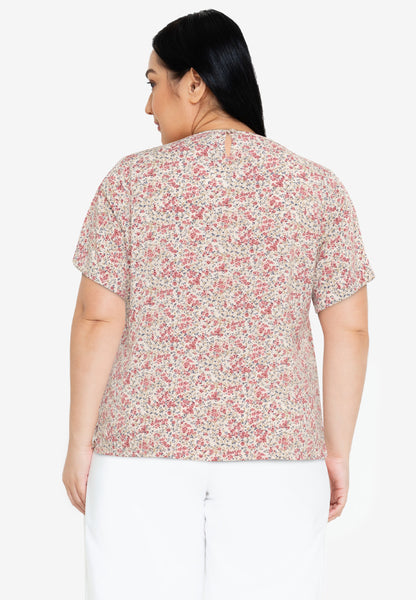 Divina Plus Size Printed V Neck Detailed Puff Sleeve Blouse Top