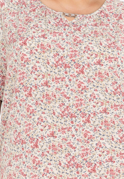 Divina Plus Size Printed V Neck Detailed Puff Sleeve Blouse Top