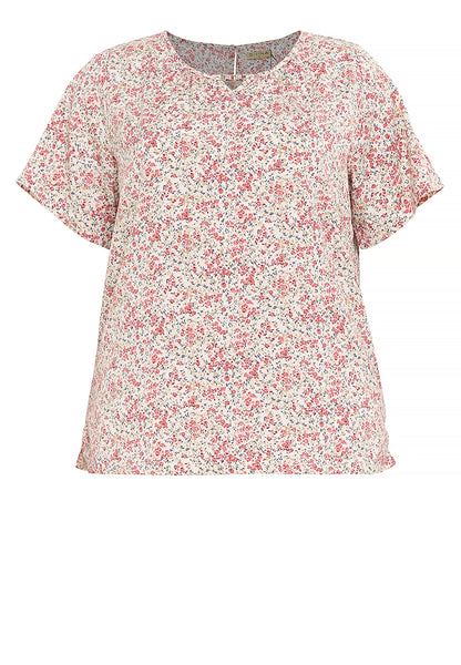 Divina Plus Size Printed V Neck Detailed Puff Sleeve Blouse Top