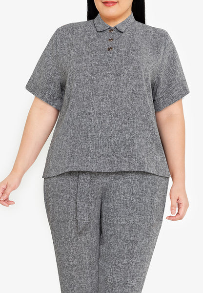 Divina Tweed Collared Top Blouse and Pants 2 Piece Set Terno