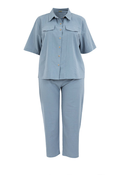 Divina Plus Size Cotton Linen Collared Top Blouse and Pants 2 Piece Set Terno