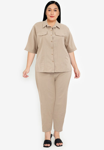 Divina Plus Size Cotton Linen Collared Top Blouse and Pants 2 Piece Set Terno